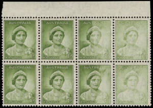 1937-38 (SG.165) 1d green, Queen Elizabeth, Die 1, upper marginal block with a prominent inking flaw effecting 4 units (dry ink/under inked roller?). 6**/28.