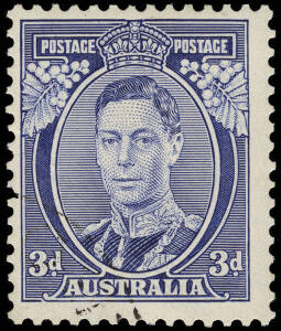 1937 (SG.168 var.) 3d blue KGVI (Die 1) with variety "Bottom frame thinned under AU", CTO. BW:191d [R2/6]. Very scarce.