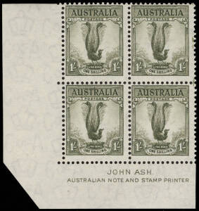 1937 (SG.174) 1/- Lyrebird, perf.13½x14, blocks of 4 showing both settings of the Ash Imprint (42.5mm & 38mm). BW:208zc & zd.