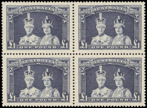 5/-, 10/- & £1 Robes set in blocks of 4, on thick paper; BW.212,214 & 216. W/c, fine and fresh, 1**/3*.