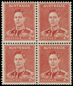 1938 (SG.184b) 2d scarlet KGVI, with variety "Medallion flaw", upper right unit in a block.