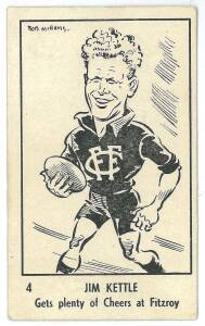 1950 Victorian Nut Supplies "Leading League Players Caricatures by Bob Mirams" [4/18 known] - No.4 Jim Kettle (Fitzroy), No.11 Jock Spencer (North Melb), No.12 Fred Green (StK) & No.15 Keith Rosewarne (StK). Poor/Good condition. Rarity 9.