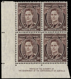 1941 (SG.187) 3d brown, Ash Imprint block on THIN PAPER (0.085mm); completely MUH. BW:196a.