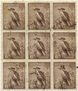 1942 (SG.190b) 6d Kookaburra with "Top hat" variety, being the last unit in a block, FU from BALGOWLAH Aug.1952. Extremely scarce used, especially so in a positional block. Cat.£300++. BW:203o - UNPRICED used.