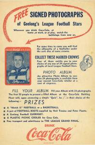 1957 Coca-Cola "Geelong League Football Stars", extremely rare Coca-Cola flyer, "FREE Signed Photographs of Geelong's League Football Stars...". G/VG. 