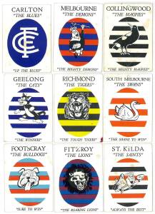 1968 Scanlens "VFL Club Mascots Inserts", part set [9/12]. Poor/G (each card with small puncture at top). Scarce.