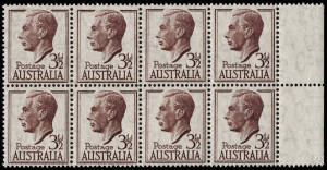 1951-52 (SG.247) 3½d Brown-purple KGVI definitive, R marginal block on THIN PAPER (0.086mm); BW.253a. MUH.