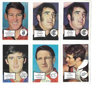 1970 Scanlens "Footballers mini-posters", complete set [12], plus 7 spares. Folded, otherwise G/VG.