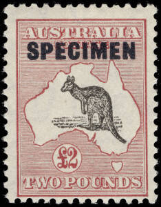 SPECIMEN set of Australian Postage Stamps folder incl. 10/-, £1 & £2 'Roo 'Specimens'**, KGV to 1/4 (18), 5/- Bridge CTO** plus punct. and o'pt 'OS' issues. Some minor faults, majority fine.