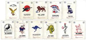 1973 Scanlens "Club Mascot Sticker Inserts", almost complete set [11/12]. Poor/G (stuck onto Checklists). Scarce.