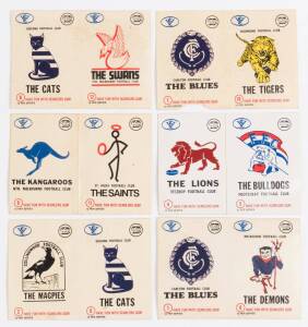 1974 Scanlens "Club Mascot Sticker Inserts", almost complete set [10/12 + 2 spares]. (6 pairs). Fair/VG. Scarce.