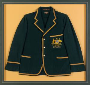 WILLIAM "PUD" MAHON'S 1935 AUSTRALIAN RUGBY LEAGUE BLAZER, green with embroidered Australian Coat-of-Arms & "Rugby League/ NZ Tour 1935" on pocket, window mounted, framed & glazed, overall 111x103cm. [William "Pud" Mahon represented Queensland 15 times 19