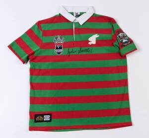 JOHN SATTLER, 2008 Centenary of Rugby League Rabbitohs jersey, signed by John Sattler; together with display comprising b/w photos from the 1970 Grand Final, signed "Best Wishes, John Sattler", framed & glazed, overall 43x36cm. 