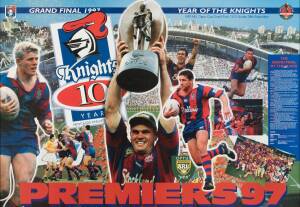 NEWCASTLE KNIGHTS, 1997 Premiers group with signed football (16 signatures, some faded); framed display signed by Andrew Johns & Paul Harrogon (27x35cm); 'Premiers 97' framed display (108x78cm) & 'Best of the Decade 1988-97' framed display (96x64cm). (4 i