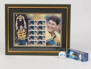 WALLABIES: Stamp sheetlet signed John Eales (framed, 39x30cm); plus "Wallabies" golf balls (3) signed George Smith, George Gregan & Glen Ella.