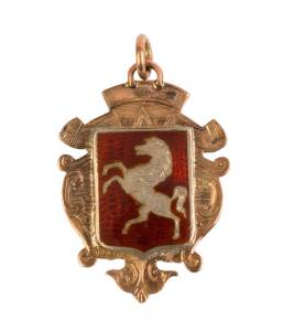 NORTHFLEET: 9ct gold & enamel medal with prancing horse on front, engraved on reverse, "W.K.L./ 06-7/ Div. 1./ Northfleet".