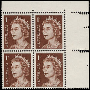 1966-73 (SG.382) 1c red-brown QEII definitive, top R cnr. block with unlisted variety "double perforations" in the margin.