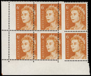 1970-73 (SG.387a) 6c orange QEII definitive, lower L cnr. positional block with misplaced and jumped perforations giving the impression of 6 units imperforate at left. A SENSATIONAL EXHIBITION piece.