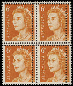 1970-73 (SG.387a) 6c orange QEII definitive, block with double perforations; BW.446bd, cat $100 each.