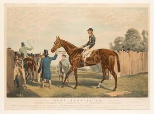 "Moore's Celebrated Winners - West Australian, Winner of the Derby 1853, Value Pds5675, 195 Subscribers, 28 Started", hand-coloured aquatint, painted by A.F.De Prades, published by J.Moore [London, 1853], window mounted, framed & glazed, overall 92x75cm.