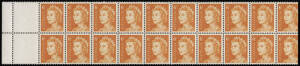 1970-73 (SG.387a) 6c orange QEII definitive, horizontal strip of 20 showing mis-placed perforations at left and the result at the right of the sheet. With a normal strip for comparison; BW.446be.