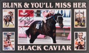 BLACK CAVIAR, display "Blink & You'll Miss Her - Black Caviar", with photo endorsed "To Hirdy, She's Better Than Bank Interest Mate, Luke Nolen, Go Bombers", window mounted, framed & glazed, overall 88x58cm. Ex James Hird collection.