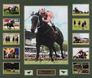 BLACK CAVIAR, display with photograph signed by Luke Nolan & Peter Moody, surrounded by 10 action photographs, window mounted, framed & glazed, overall 106x90cm. Together with 3 racebooks 18/2/2012, 22/3/2013 & 20/4/2013.