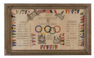 1948 LONDON OLYMPICS, "XIVth Olympiad, London 1948, Worlds Records", multicoloured display in wooden frame under glass (46x28cm), coloured flags of participating nations and 4 London views surround 20 track & field worlds records which can be viewed by mo