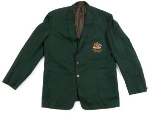 WARWICK SELVEY'S 1962 COMMONWEALTH GAMES BLAZER, green nylon, with beautiful embroidered pocket "(Australian Coat-of-Arms)/ British E&C Games/ Perth 1962/ Athletics", made by David Jones, label endorsed "W.Selvey". Fine condition. [Dr.Warwick Selvey compe