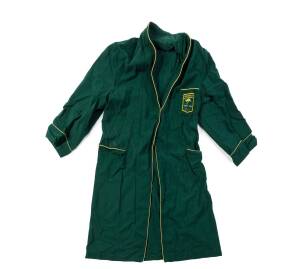 WARWICK SELVEY'S' OFFICIAL AUSTRALIAN UNIFORM DRESSING-GOWN, green with badge on pocket "Australia/ (kangaroo)/ Tokyo 1964/ (Olympic rings)"; plus Australian Olympic team tie. Ex Warwick Selvey collection.