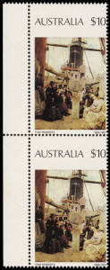 1977-89 (SG.567a) $10.00 painting definitive "Coming South", L marginal vertical pair with misplaced perforations showing "AUSTRALIA $10"at the top of the stamp; BW.784ba.