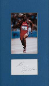 2000 SYDNEY FRAMED DISPLAYS, noted Maurice Greene (100m gold medal); Ato Boldon (100m silver medal); Australia Men's 4x100m Freestyle Relay; Petria Thomas signed swim cap & swimsuit. Plus pins/badges (13).