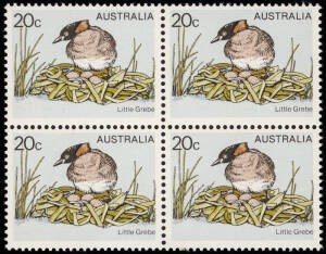 1978 (SG.673a) 20c Little Grebe, blk.4, all units showing the variety 'YELLOW (BEAK & EYE) COMPLETELY OMITTED' together with a normal single for comparison. (BW.805cb). Cat.$1,000.