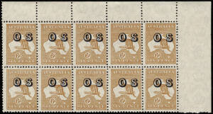 6d Chestnut overprinted "OS", top R cnr block with "Diagonal scratch at top L. etc" on top R unit. Plus a lower R cnr single. Fine and fresh. Cat. BW $100 each.