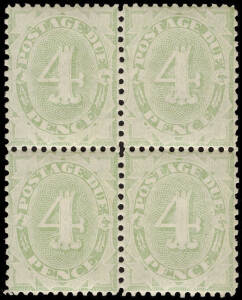 1907 (SG.D56w) 4d dull green, wmk Crown over double-lined A INVERTED, perf. 11.8 x 11. Fine block, scarce as a multiple 2**/2*.