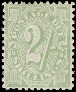 1908-09 (SG.D60) 2/- dull green, stroke and dash after figure of value, wmk Crown over single-lined A, perf. 11. Fine and rare, only available in Sydney a few months before withdrawal. Cat. £1,000.