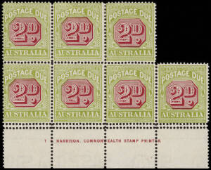 1913-21 (SG.D81) 2d carmine and deep yellow green, wmk Crown over double-lined A, perf. 14 single-line, thin paper, irregular block of 7 with HARRISON SINGLE LINE IMPRINT and DOUBLE PERFORATIONS AT BASE; BW.D99Bb. Minor tone spots on the reverse mentioned