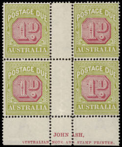 1922-30 (SG.D91) 1d Carmine & Green, Ash Imprint block, superb MLH/MUH. BW:D106zb.