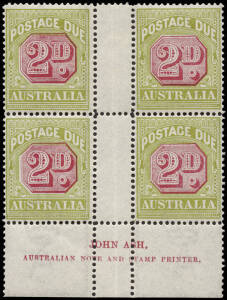 1922-30 (SG.D94) 2d Carmine & Green, Ash Imprint block, superb MLH/MUH. BW:D108zb.