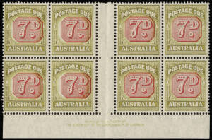 1946-57 (SG.D126) 7d Bright-Carmine & Yellow-Green, Authority Imprint block; the 4 left-hand units showing varying degrees of misplacement of the value. BW:D136zc+.