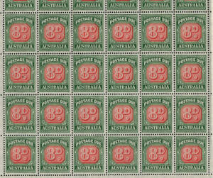 1957 (SG.127.BW.D137) 8d Red and Deep Green, wmk C of A, full sheet with By Authority imprint. Incl. listed BW. varieties d & e at LP 1/2 & RP 7/1. Cat.£390+.