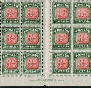 1957 (SG.127; BW.D137) 8d Red and Deep Green, wmk C of A, full sheet with By Authority imprint. Incl. listed BW. varieties d & e at LP 1/2 & RP 7/1. Minor damage to lower margin. Cat.£390+.