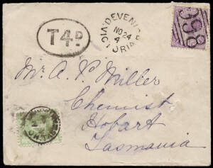 Group with 1904 (Nov.24) cover (Tattersalls?) with Devenish cds & barred numeral "998", franked 2d and taxed with first type 4d, 19?? (Dec.2) Shierlaw cover franked with 1½d red brown KGV taxed 2d with 1d vert. pair, 1924 GB postcard to Hobart, franked 1d