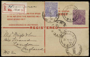 Group of registered envelopes with 1920 4d KGV up-rated with ½d KGV to London, 1926 4½d KGV up-rated 3d to GB with Wiangaree NSW prov. reg. label, 1930 4½d KGV embossed oval up-rated 1½d to GB, 1933 5d KGV embossed oval up-rated with KGV ½d orange pair to