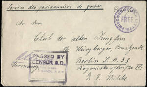 c1915 usage of "PRISONER OF WAR LETTER - FREE" handstamp in violet (X3.2b) on censored cover to Berlin; the return address being "Liverpool G.C.C."