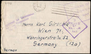 1944 (Aug.22) POW cover to Germany with 3 line violet h/stamp "Approved for Transmission / by Camp Commandant / 3/No. 18", endorsed on the reverse flap "Camp 3/A TATURA, Victoria, Australia". With British & German censor marks & tape.