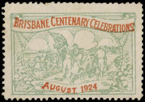 Group on 48 annotated pages focusing on various State, town & city special events incl. Jubilees and Centenaries. With 150+ labels as singles or multiples and 21 covers incl. airmails & Stamp Exhibitions. Noted 1924 Brisbane Cent. label, 1934-35 Melb. Cen