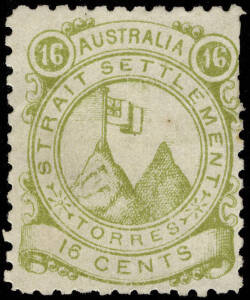 Late 1800's TORRES STRAITS SETTLEMENT, 2c, 4c & 16c lower 3 values of a set of 5 (24c & 36c). These stamps first appeared on the philatelic market about 1897. Despite some speculation their origin is still unresolved. Slightly mixed condition, some gum tr