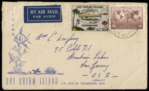 c.1946 usage of a DAY DREAM ISLAND QUEENSLAND vignette on an airmail cover to USA franked with 1/6 Hermes. Reverse of cover with a 2nd copy of the vignette (faults) plus an unused single.