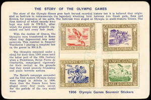 Group on annotated pages incl. set of 4 vignettes MUH and on a Seven Seas First Day commemorative postcard to New Zealand, 'Come to Ballarat / Olympic Rowing' vignette as a single and used on a cover, block of 6 blue publicity labels** and 'Life Savers' p